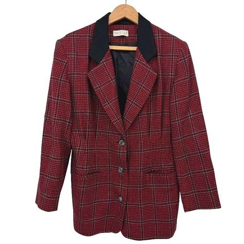 Pastille Blazer Houndstooth Plaid Classic Chic 100% Wool Blend VTG Style Size 10